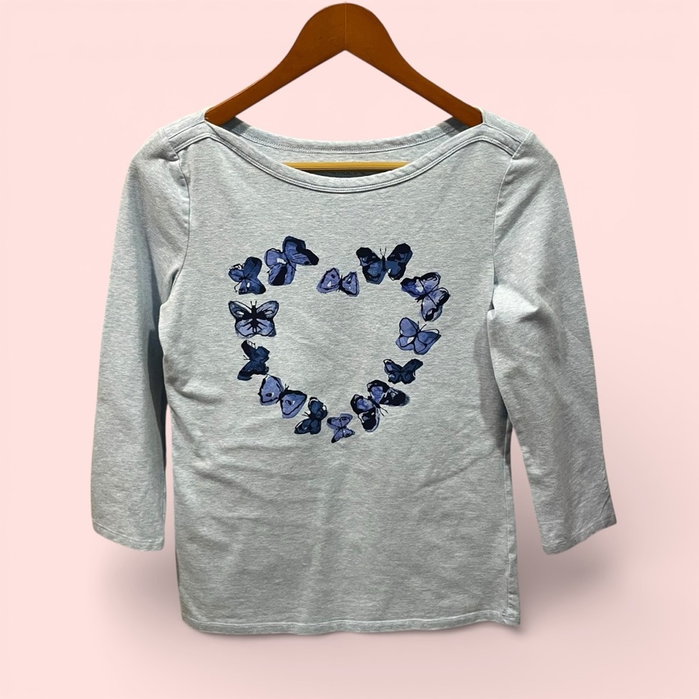 Sweet soft Talbots baby blue butterfly heart 3/4 sleeve cozy top cottagecore